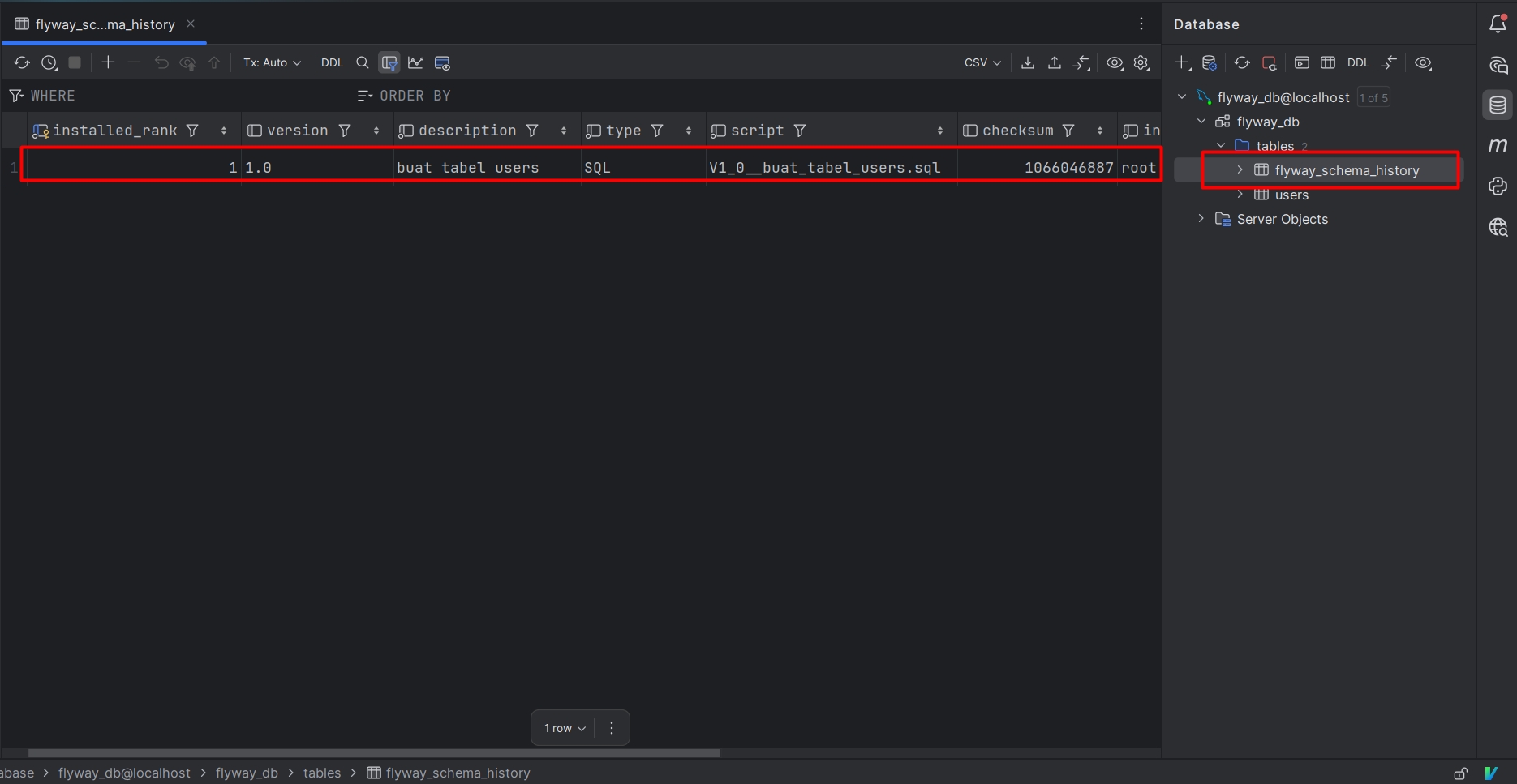 Gambar history Database Migration pada table flyway_schema_history