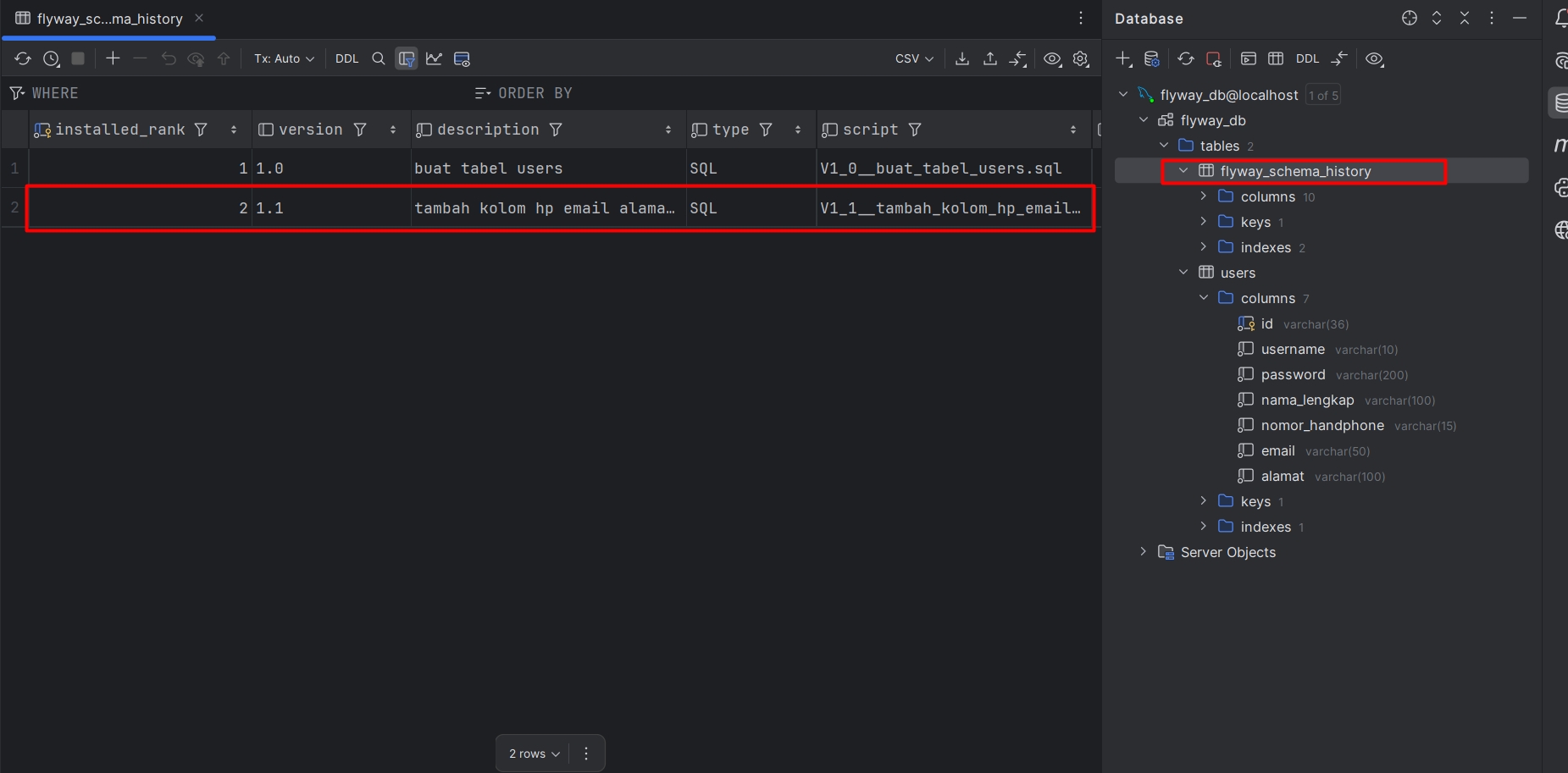 Gambar history Database Migration pada table flyway_schema_history