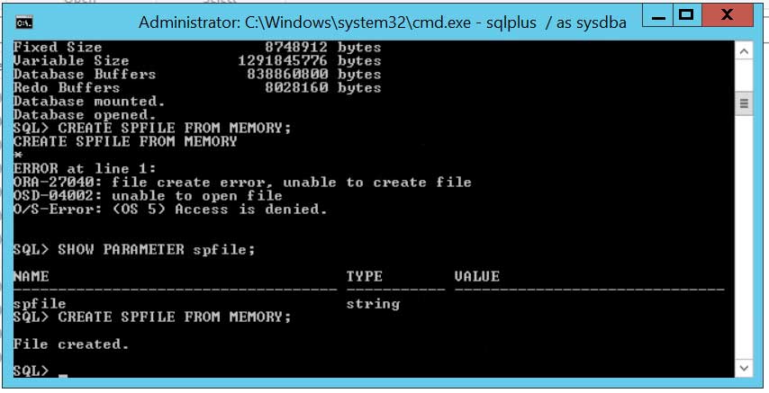 Berhasil membuat SPFILE.