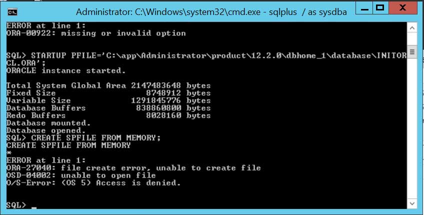Error saat membuat SPFILE.