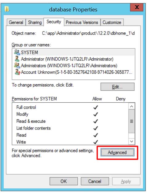 Tab Security pada Properties folder database.