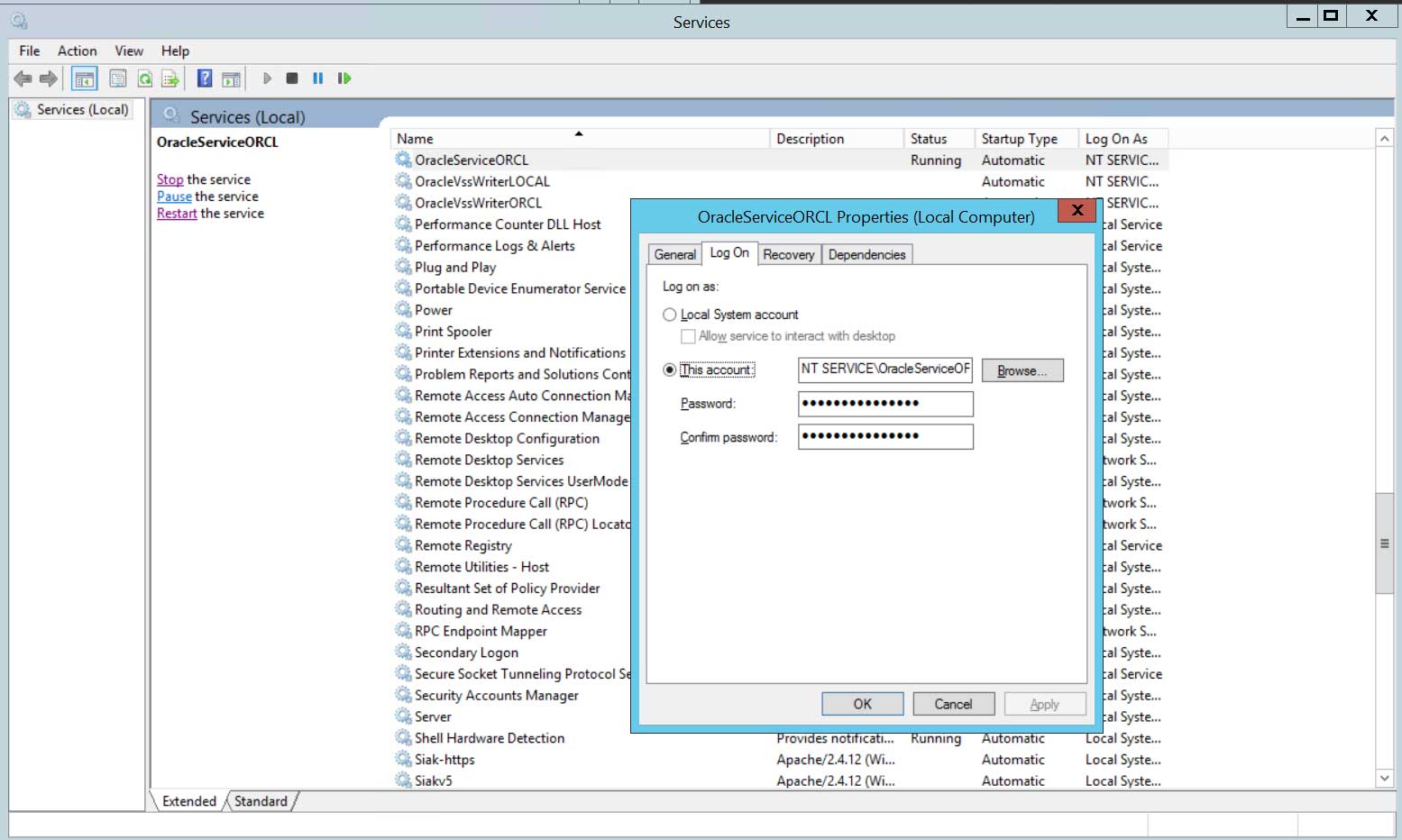 Oracle Service pada Windows.