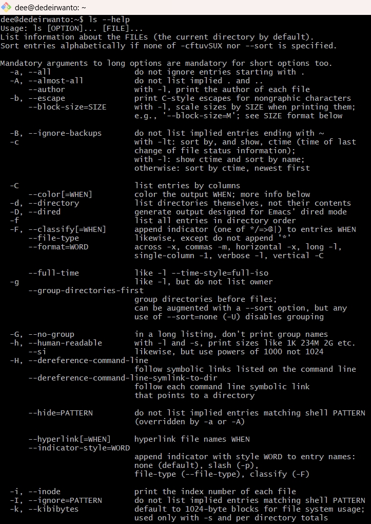 Output perintah ls --help.