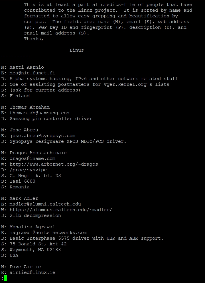 Isi file CREDITS dengan kombinasi perintah cat, less dan pipeline.