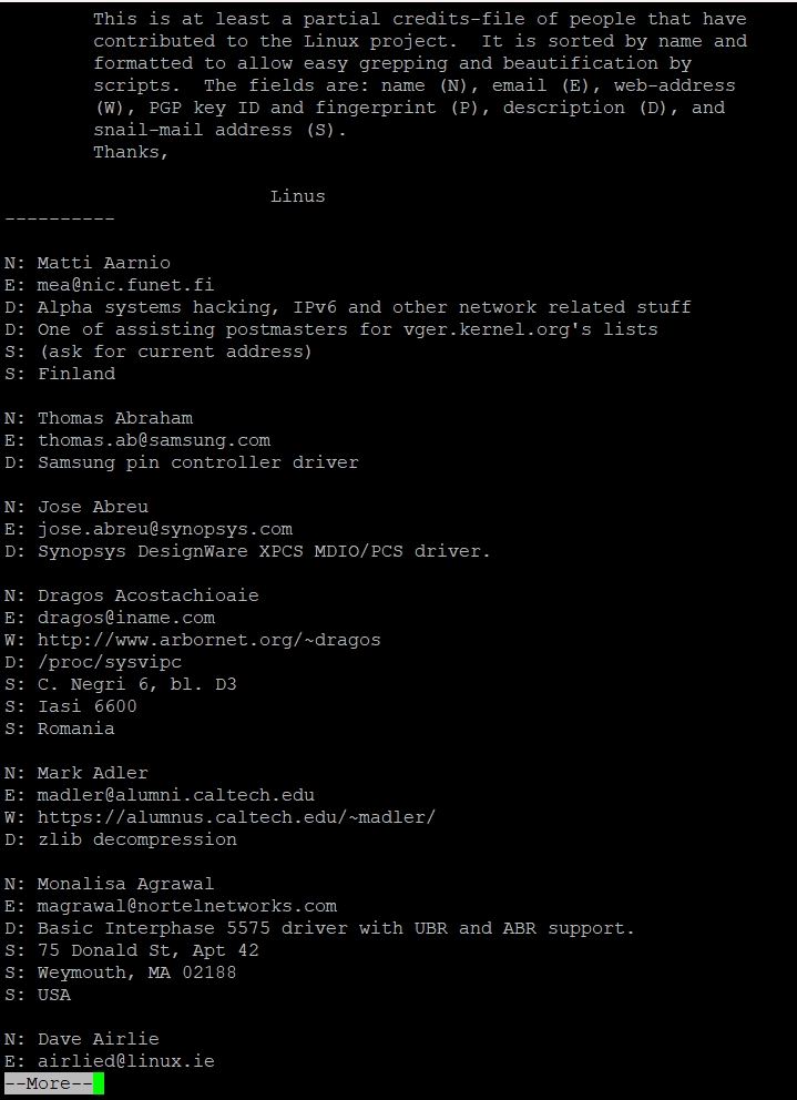 Isi file CREDITS dengan kombinasi perintah cat, more dan pipeline.