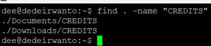 Output pencarian file CREDITS dengan perintah find.