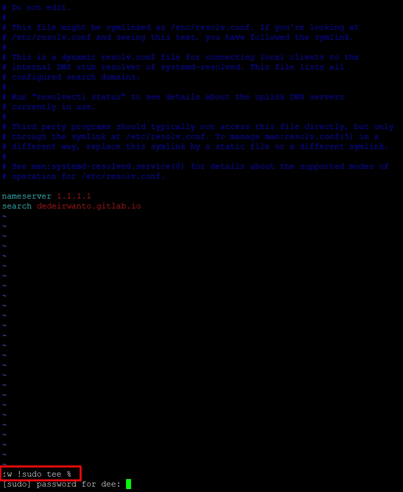 Perintah :w !sudo tee % untuk menyimpan file.